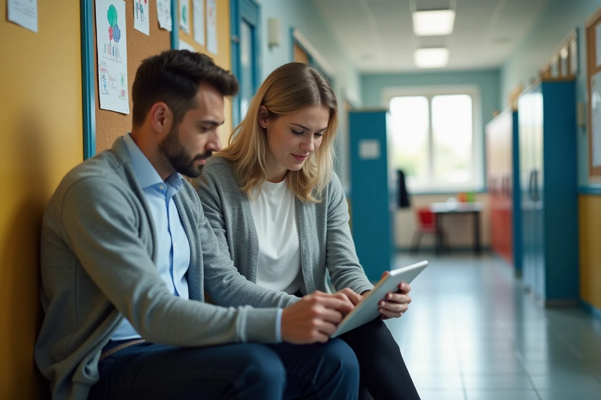 Spécialiste en troubles du comportement et enseignant consultant un plan de soutien scolaire dans le couloir d'une école primaire