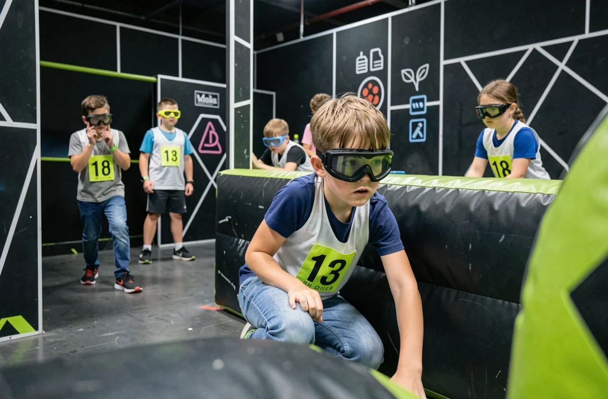 Enfants en compétition dans l'arène de sport indoor de TSN 44.2 à Nozay, portant des dossards et des protections