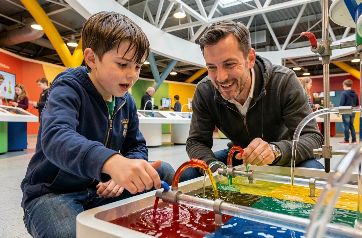 Père et fils explorant une expérience scientifique interactive sur l'eau au Vaisseau, musée des sciences pour enfants à Strasbourg