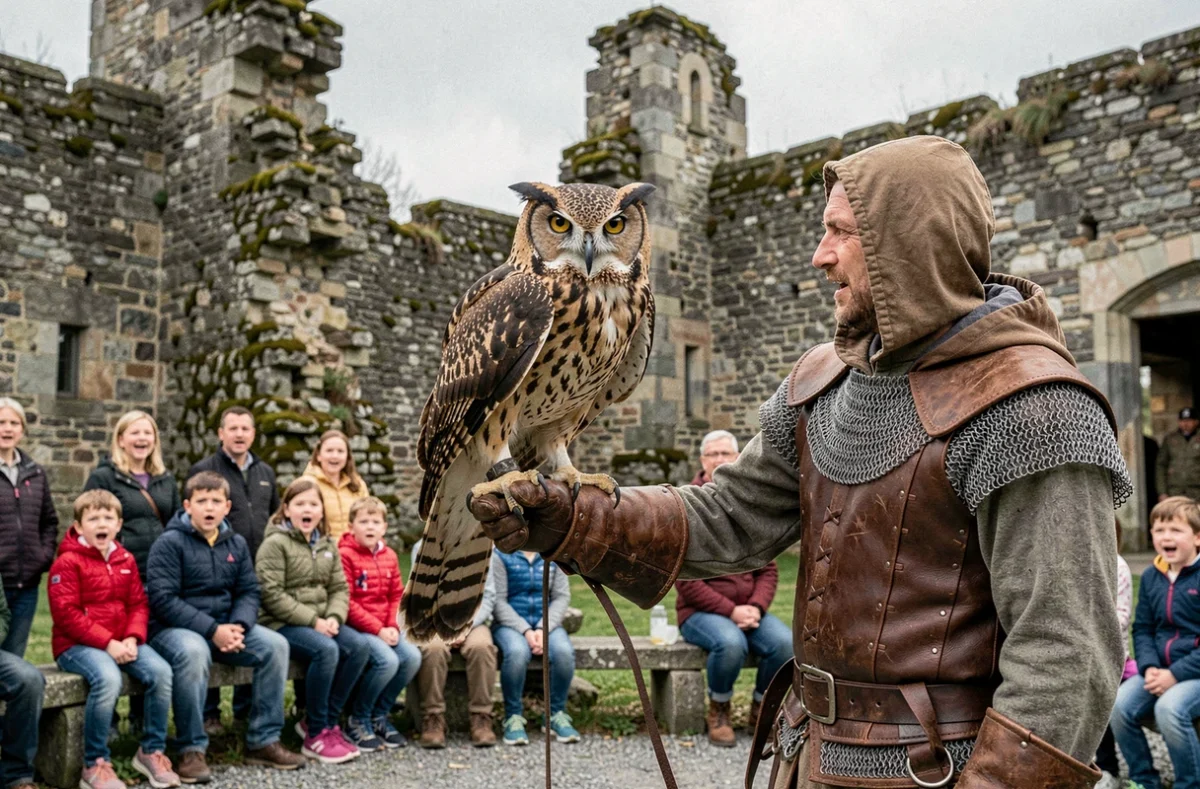 Fauconnier présentant un grand-duc d'Europe sur le poing lors d'un spectacle de rapaces à La Volerie des Aigles dans le château de Kintzheim