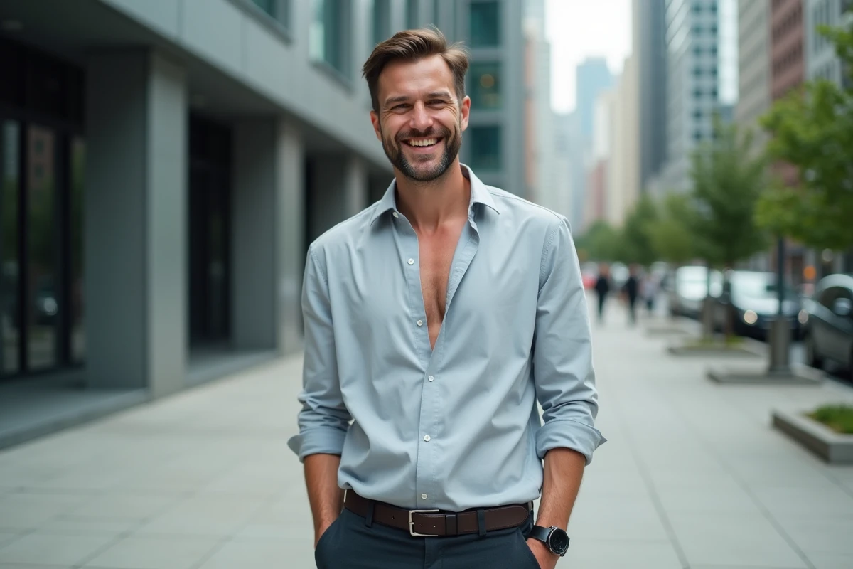 Homme décontracté en extérieur urbain souriant naturellement, photo éditoriale illustrant l'authenticité et les révélations personnelles de Yoann Usai