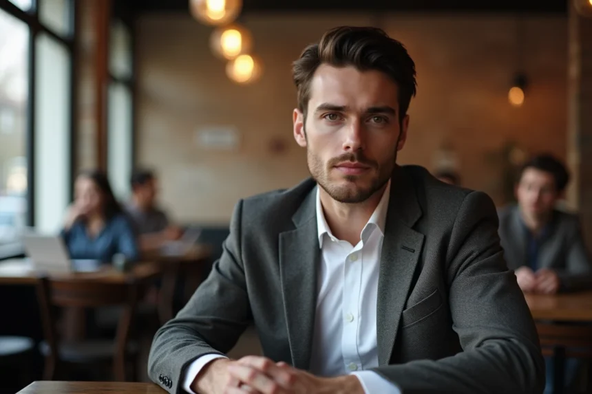 Portrait éditorial d'un homme confiant dans un café parisien, illustrant la vie privée et la carrière assumée de Yoann Usai