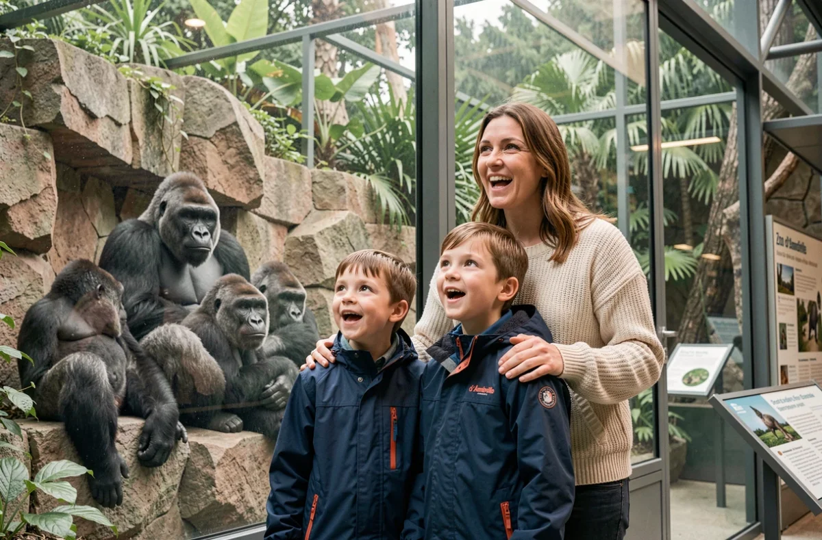 Mère et ses deux enfants admirant des gorilles dans leur enclos vitré au Zoo d'Amnéville en Moselle